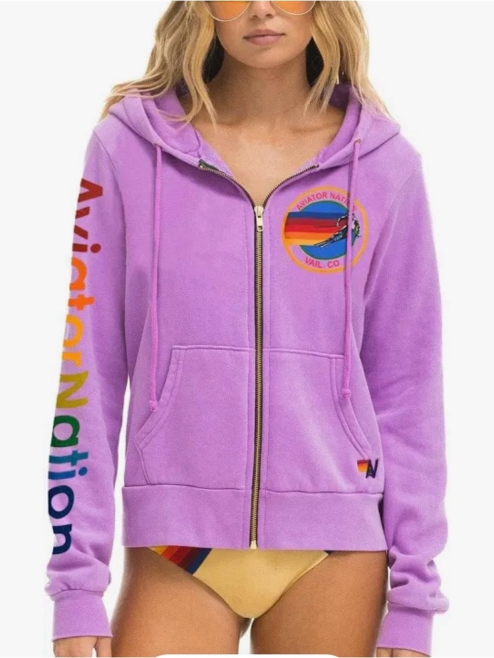 Aviator Nation Lavender Zip Hoodie with Rainbow Sleeve size, small woman